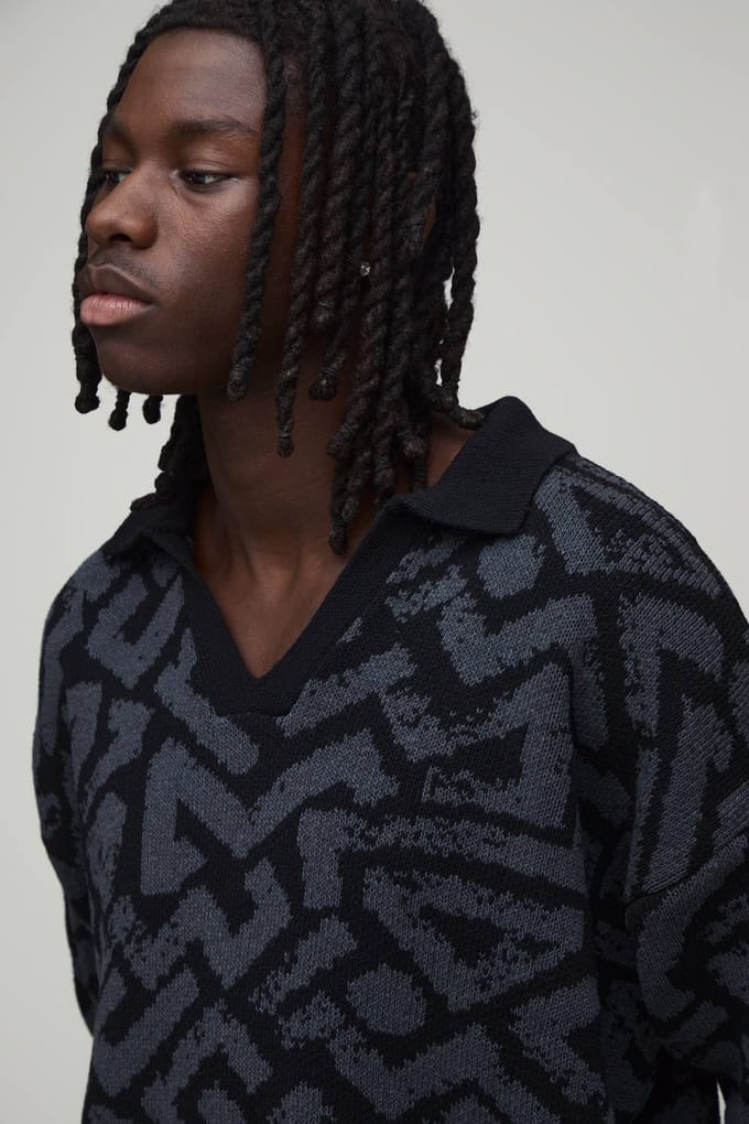 Oversized Boxy Polo Met Abstract Jacquard Breipatroon | Charcoal | Size Large