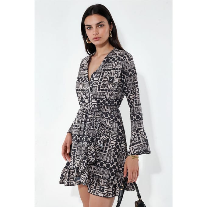 Geometrische Wikkel Mini Jurk Met Strik Taille