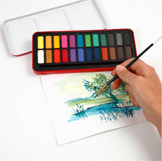 Aquarelset, afm 12x30 mm, diverse kleuren, 24 kleur/ 1 doos