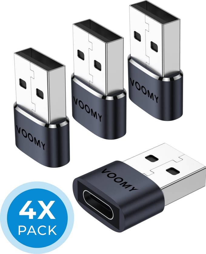 4x Voomy USB A naar USB C Adapter - USB C naar USB Converter - USB-A Male & USB-C Female - Geschikt voor Telefoon, Tablet & Laptop - Space Grey