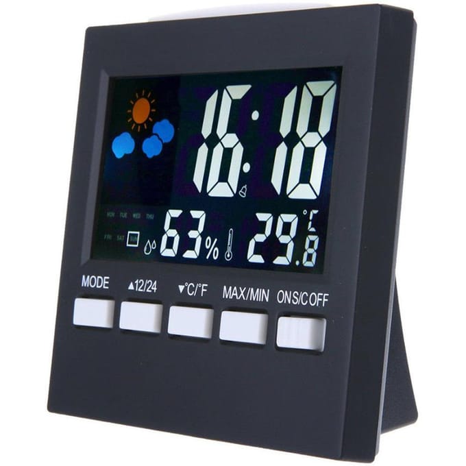 Digitale display thermometer vochtigheidsklok kleurrijke binnen- en buitentemperatuurmonitor alarm LCD black