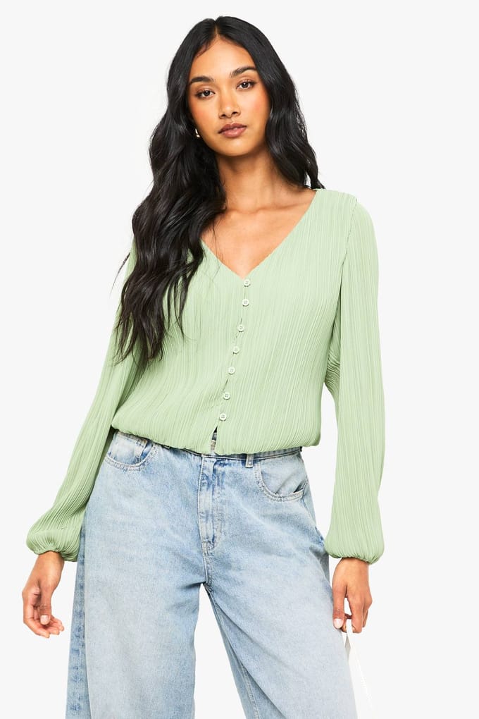 boohoo Dames Plisse blouse met knoopsluiting | Sage | Maat: 6