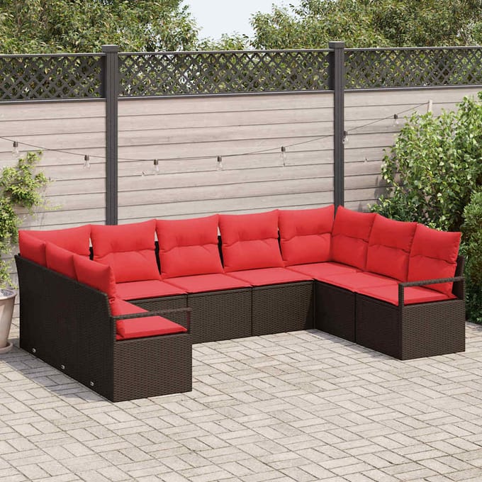 vidaXL - Tuinbank - Set - 9 - st - Bruin - en - Rood - poly - rattan