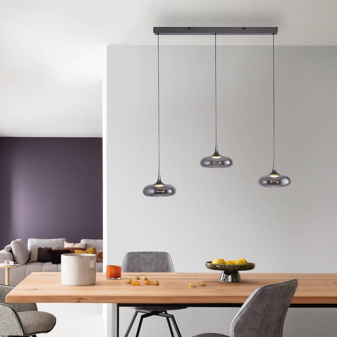 SCHÖNER WOHNEN LED hanglamp Posh 3-lamps, rookglas, 3.000 K
