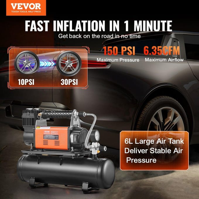 Compresseur d'air robuste et réservoir de 6 L 6,35 CFM Gonfleur de pneus portable 150 PSI