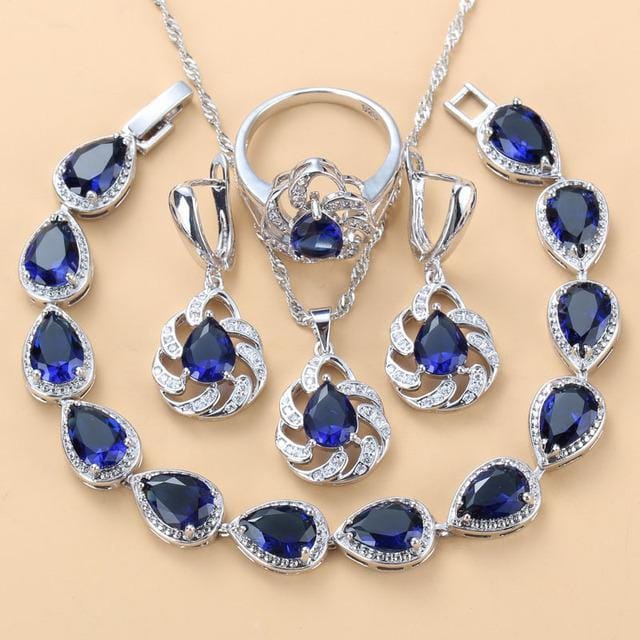 Blauwe Saffier Hanger Oorbellen Ketting en Ring Dames Set 8 gray