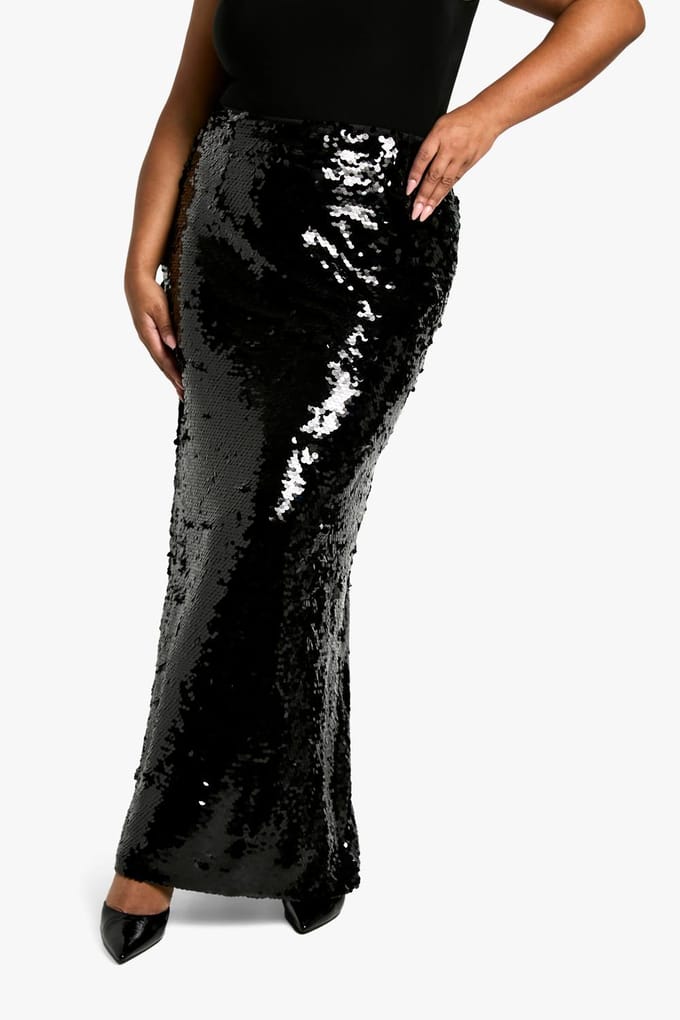 boohoo Dames Plus Premium Pailletten Maxi Rok | Zwart | Maat: 38