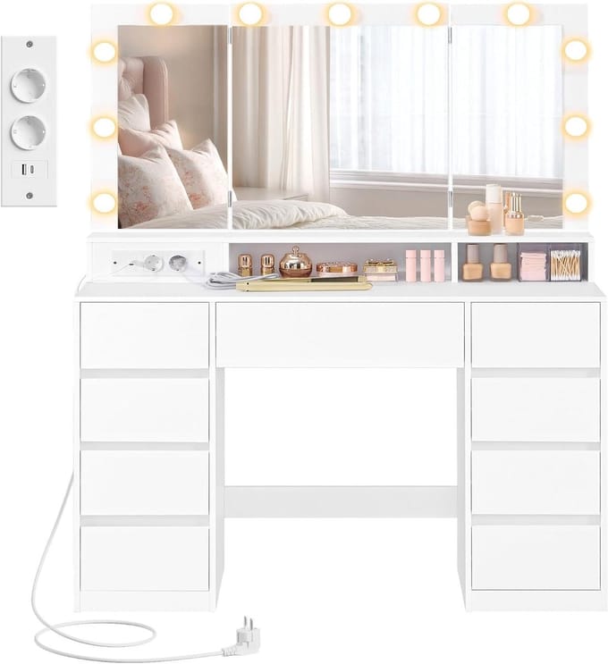 Kaptafel met Spiegel - Make-uptafel Kapset - Make-up aanbrengen - 9 Laden en LED-verlichting