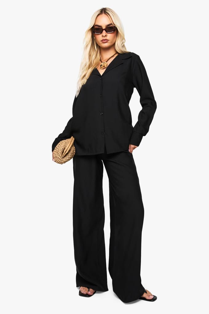 boohoo Dames Gerimpeld oversized shirt & broek set | Black | Maat: 6