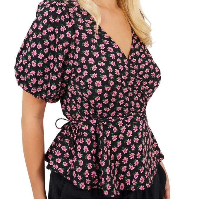 Brave Soul Dames/Dames V Hals Pofmouw Wikkel Top (Zwart/roze)