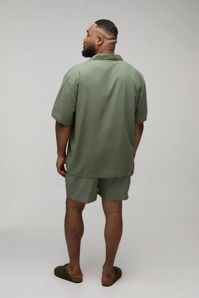 Plus Oversized Korte Mouwen Linnen Blend Overhemd | Olive | Size 2XL