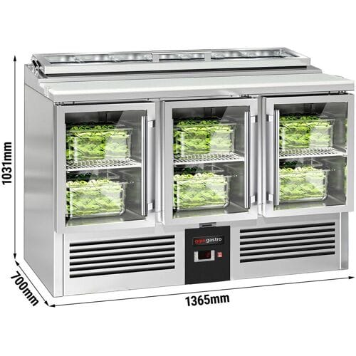 GGM Gastro Saladette PREMIUM - 1365mm - 3 glazen deuren - met glazen afdekking voor 7x GN 1/3 zilver