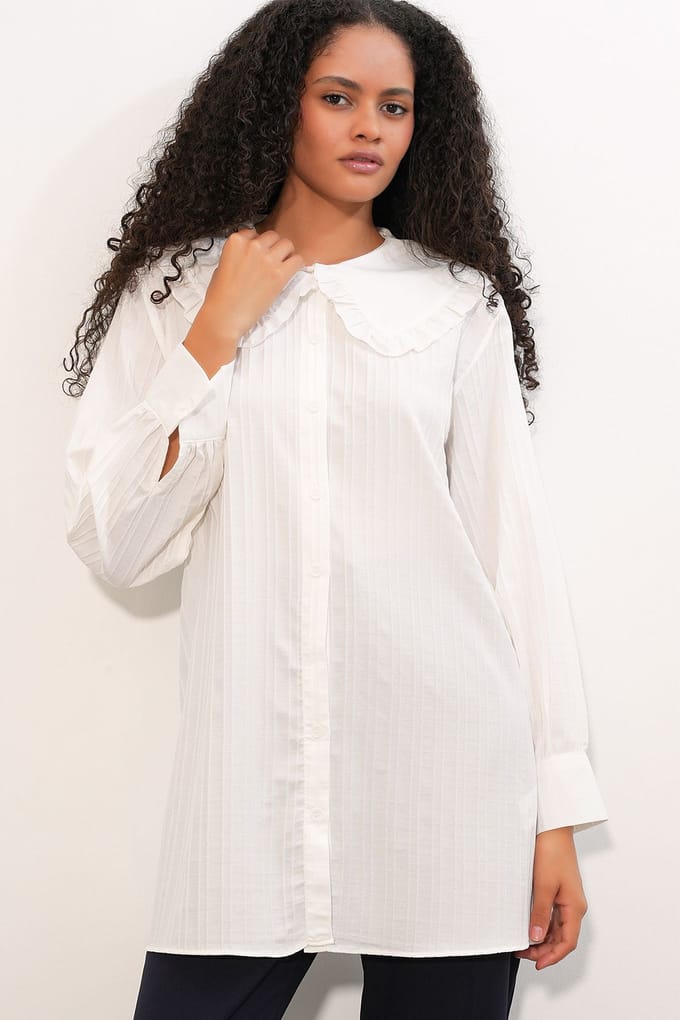 Langsleeve Textuur Shirt Met Baby Kraag