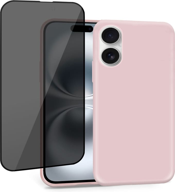 Geschikt voor Apple iPhone 16 Plus - Hoesje + Privacy Screenprotector – Privé Gehard Glas Cover - Suède Case Rose