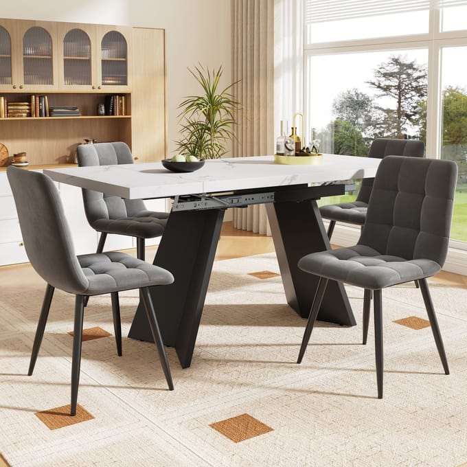 HAUSS SPOLE Eethoekset - Uitschuifbare Eettafel Met 4 Stoelen - Voor Eetkamer En Keuken - MDF Metaal En Fluweel - Wit