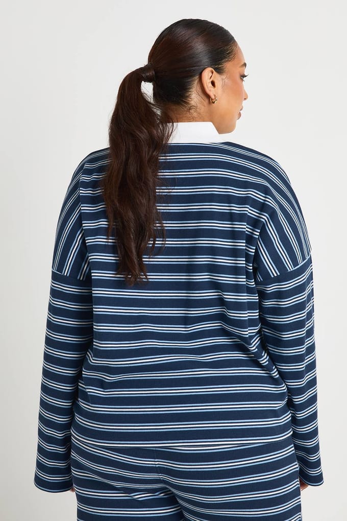 boohoo Dames Plus gestreepte top met kraag en knoopsluiting | Navy | Maat: 16