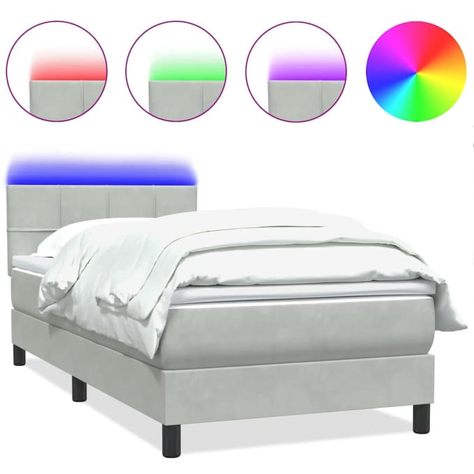 vidaXL - Boxspring - met - matras - en - LED - fluweel - lichtgrijs - 80x220 - cm
