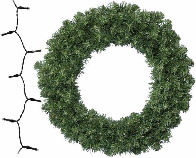 Kerstkrans - D50 cm - groen - warm witte LED verlichting - batterij gevoed - dennenkrans