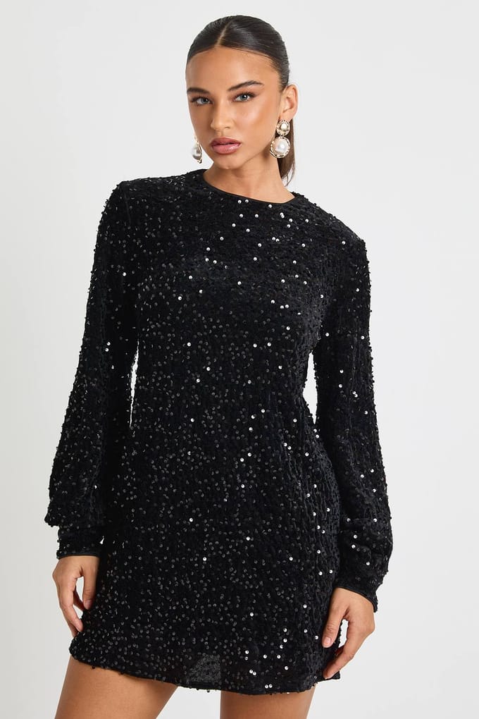 boohoo Dames Pailletten Blousonmouw Shift Feestjurk | Black | Maat: 10