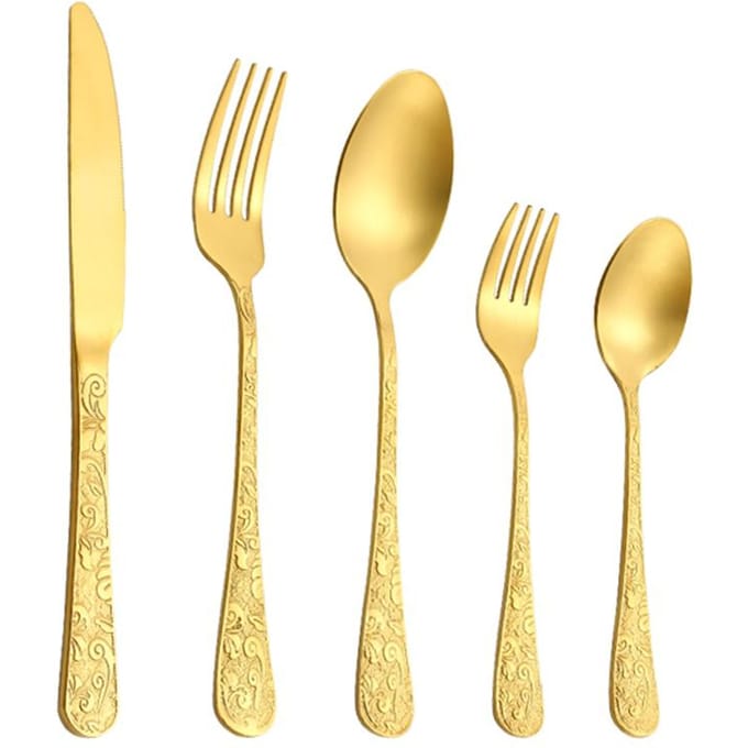 Complete Set RVS Servies Luxe Gouden Mes Vork Lepels Formele Dinerfeest Tafelgerei Gravering Handvat Bestekset Optie 5 Delen