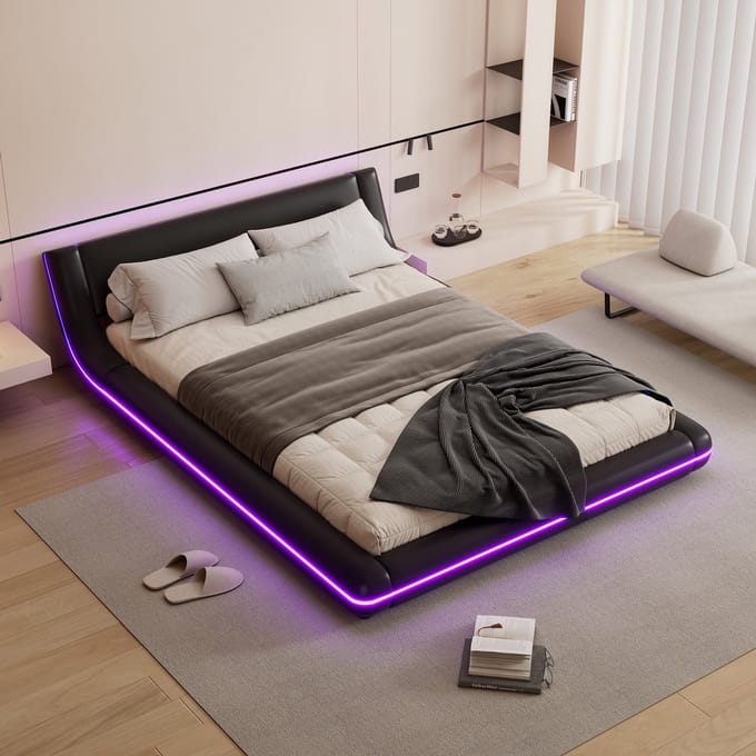 Sweiko Tweepersoonsbed - 140*200 cm - LED-verlichting - PU - Zwart