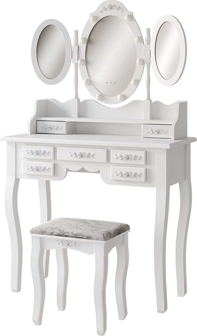 Vicco Kaptafel set met kruk Diana, Wit, 90 cm met spiegel, LED-verlichting en kruk