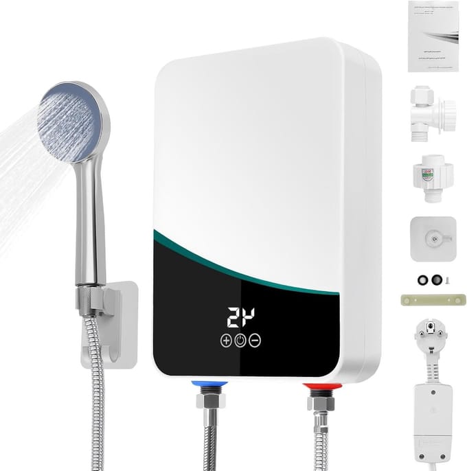 Mini Water Heater - Electric Water Heater - Direct Hot Water - LCD Temperature Display - 29x20x7 cm - Silver