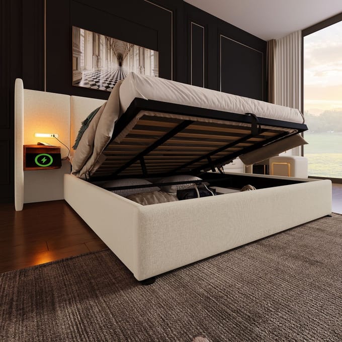 REDOM Opbergbed 180x200 cm – Linnen – Hydraulisch – Leeslamp & USB/Type-C – Beige – 226 kg
