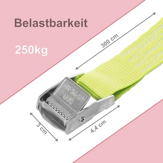 Spanbanden met klemsluiting, 250 kg belastbaar, 3 m en 25 mm breed, eendelig, in neongeel