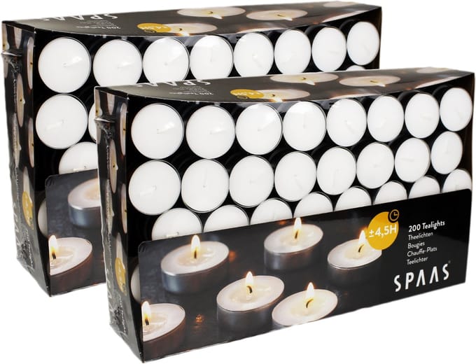 Spaas Theelichten Kaarsen Grootverpakking - Wit - circa 4,5u - Ø3,9cm - 400 stuks