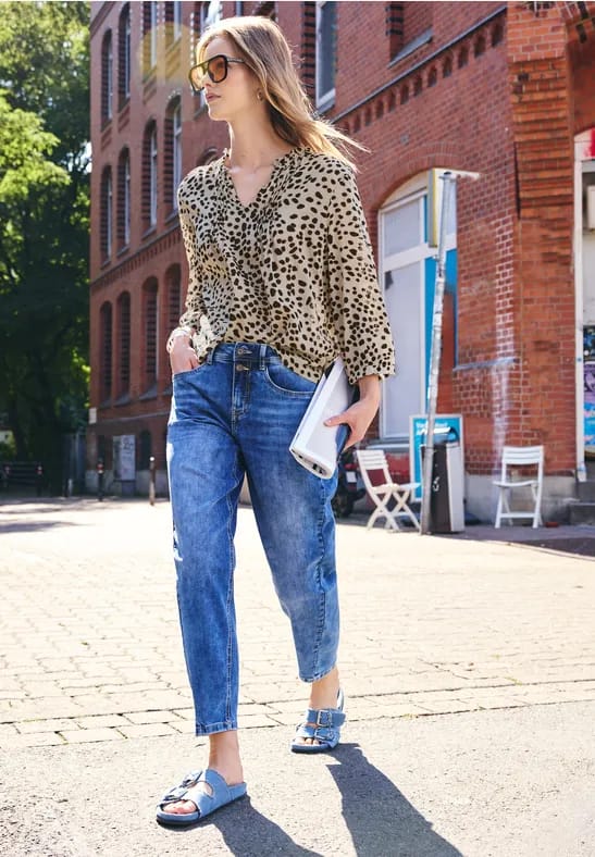 Blouse met 3/4-mouwen, split in de hals en print