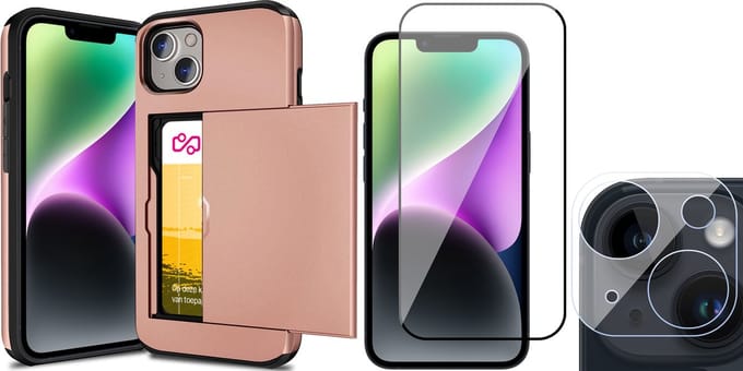 Hoesje met Pasjeshouder geschikt voor iPhone 14 Plus - Screenprotector FullGuard & Camera Lens Screen Protector - Back Cover SlideCase Roségoud