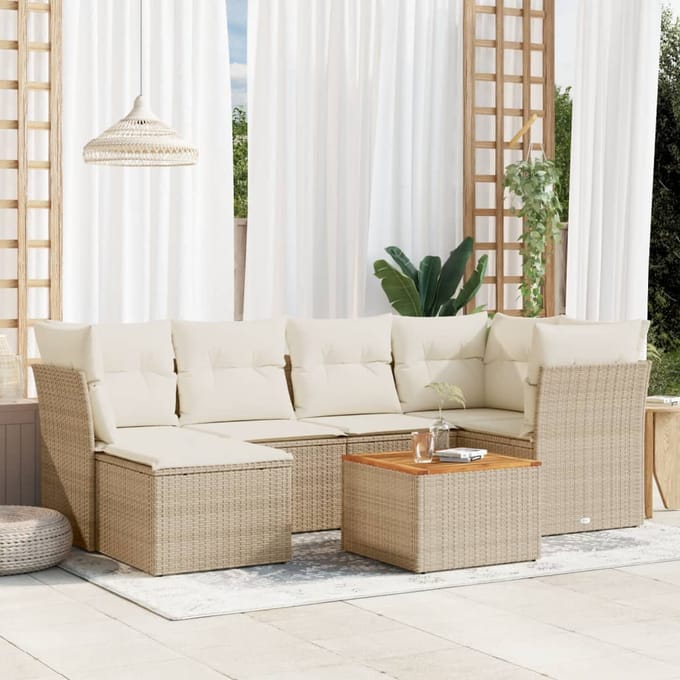 vidaXL - 7-delige - Loungeset - met - kussens - poly - rattan - beige