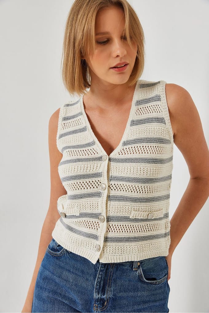 Gestreepte V-hals Cropped Vest met Knopenluiting