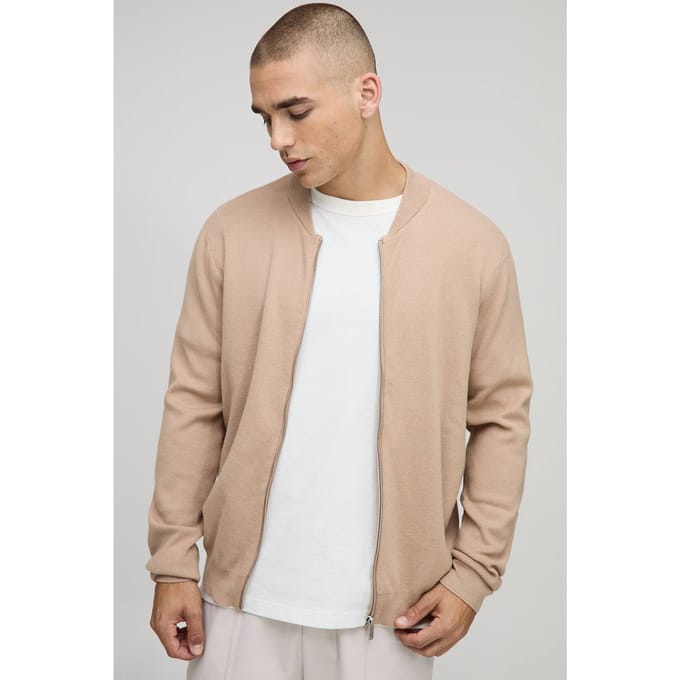 Regular Fit Smart Knitted Bomber Jacket | Taupe | Size Small