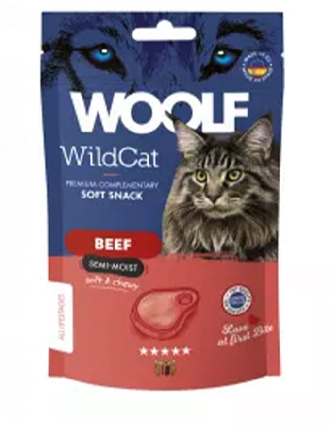 ** 3 x ** WOOLF - Wild Cat - soft snack Beef - semi moist 50 gr x 3 = 150 gr