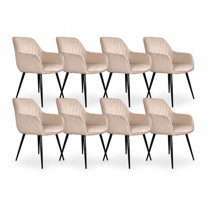 DS4U® - Gaby eetkamerstoel - Set van 8 - Champagne - Velvet - Armleuningen