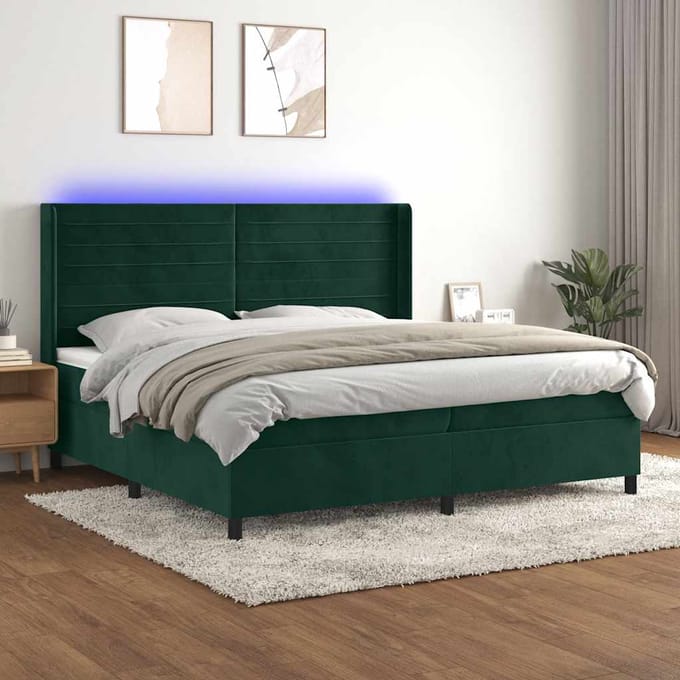 vidaXL - Boxspring - met - matras - en - LED - fluweel - donkergroen - 200x200 - cm