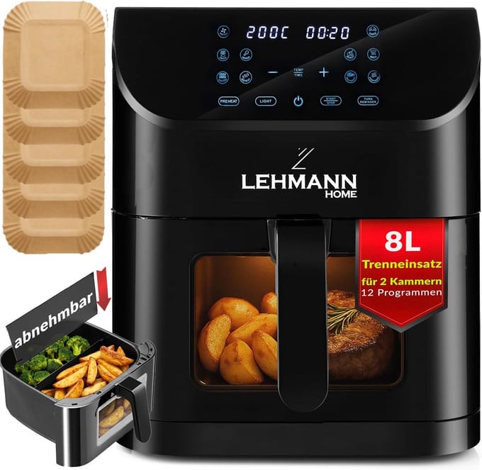 Grote Heteluchtfriteuse 8L met Kijkvenster, Inzetstuk voor 2 Compartimenten en 12 Programma's