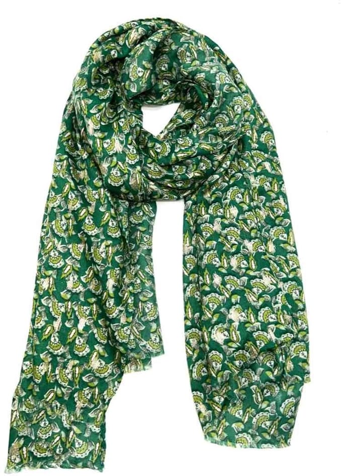 Lange dames sjaal Emilie-gebloemd motief-groen wit goud lime smaragd olijf