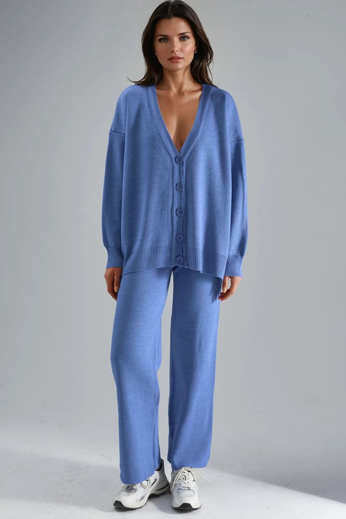 V-hals Cardigan en Wijde Pantalon Gebreide Set