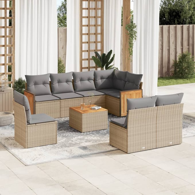 vidaXL - 9-delige - Loungeset - met - kussens - poly - rattan - beige