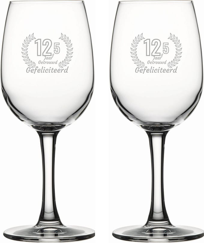Gegraveerde set witte wijnglazen 26cl Gefeliciteerd 12,5 jaar getrouwd