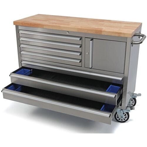 HBM gereedschapswagen met houten werkblad, 122 cm, RVS