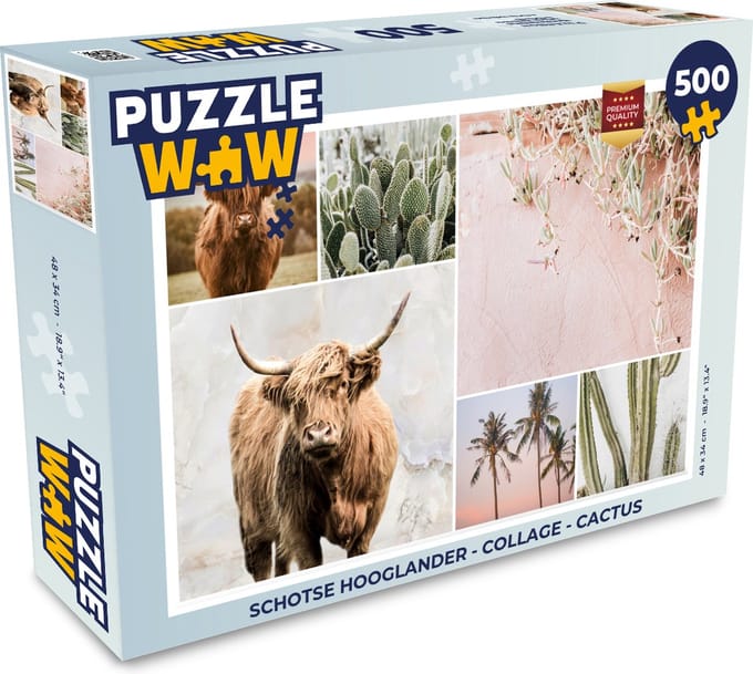Puzzel Schotse hooglander - Collage - Cactus - Legpuzzel - Puzzel 500 stukjes