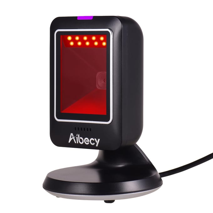 Aibecy 1D 2D QR Barcodescanner USB Lezer Bureau Hand-Free Voor Supermarkt zwart
