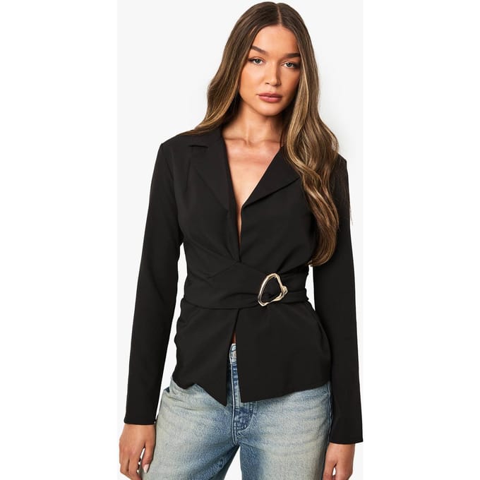 boohoo Dames Blazer met hardwareaccent en gerimpelde voorkant | Zwart | Maat: 38