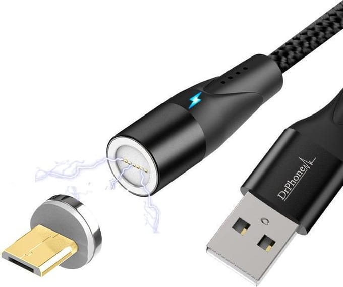DrPhone Magnetische Micro-USB Kabel – 360° Draaibaar – Tot 3A – Dataoverdracht – LED – Nylon – USB-A – 1 Meter – Zwart
