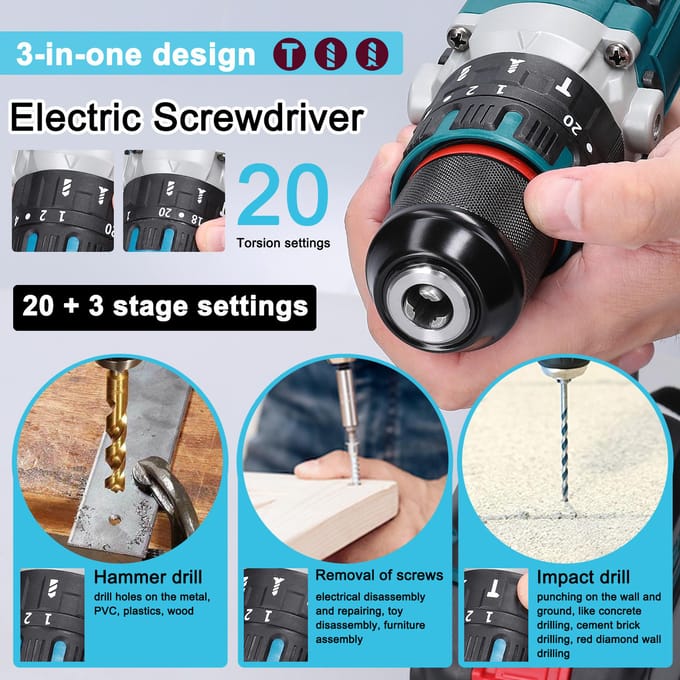 Perceuse à percussion électrique à moteur sans balais rechargeable de 13 mm, tournevis électrique sans fil