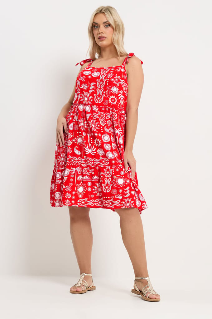 Yours Rode Gesmokte Linnen Jurk Met Gemixte Print Size 46